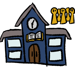a blue schoolhouse with a grey roof and brown doors in the middle. above that is a open book with a yellow cover and above that is a clock. in the top right is a group a yellow people
